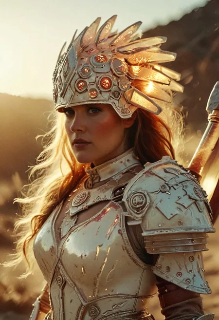 Infront of a Amber sunrise, Closeup Portrait, beautiful charming blushed freckled woman wearing a bleaked dark-red translucent automaton helmet, Holding Axe and shield, detailed skin and lips, extreme Face CloseUp, looking at Viewer, intricate translucent technical helmet details, White outworn Sci-fi silver metallic JudgementArmor, lace, Large intricate translucent shoulder Armor, atmospheric lighting, novuschroma60 style bokeh