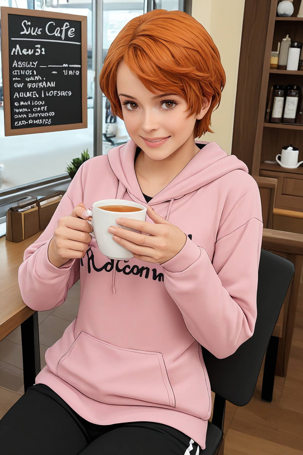 masterpiece, good quality, best quality, very awa, very as2, absurdres, highres,
 <lora:SueilluLoRA:1>sue, short hair, shirt, hoodie, pants, sitting in a cafe, holding a cup of tea, smile
