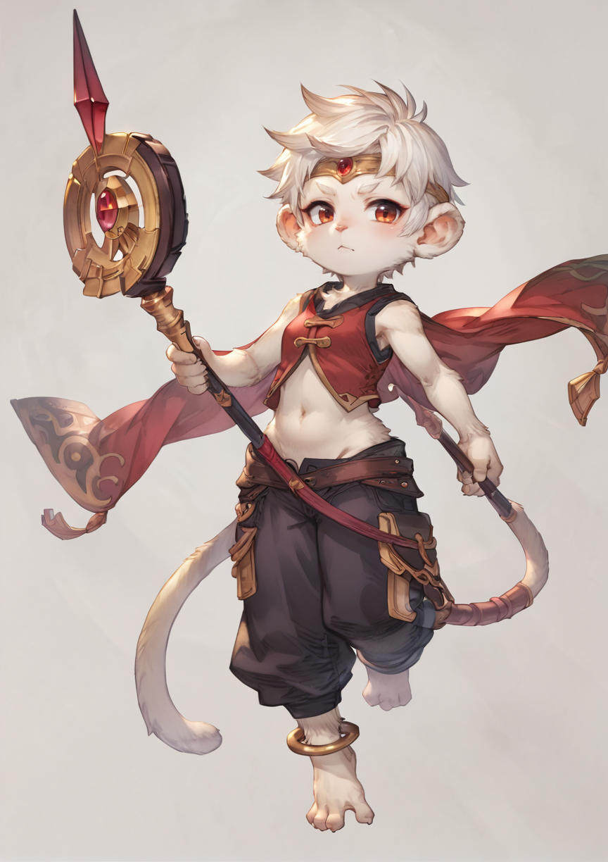 masterpiece, white background, simple background, shortstack, slender, white skin, 1girl, solo, very short hair, (white hair), round ears, monkey tail, monstergirl, furry arms, furry legs, white saggy pants, barefoot, anklets, red vest, sarashi, navel, staff, circlet <lora:Granblue_Fantasy_PSXL:1>, score_9, score_8_up, score_7_up, score_6_up, score_5_up, score_4_up, BREAK source_anime, masterpiece