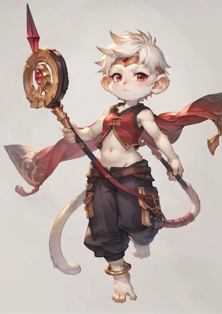 masterpiece, white background, simple background, shortstack, slender, white skin, 1girl, solo, very short hair, (white hair), round ears, monkey tail, monstergirl, furry arms, furry legs, white saggy pants, barefoot, anklets, red vest, sarashi, navel, staff, circlet <lora:Granblue_Fantasy_PSXL:1>, score_9, score_8_up, score_7_up, score_6_up, score_5_up, score_4_up, BREAK source_anime, masterpiece