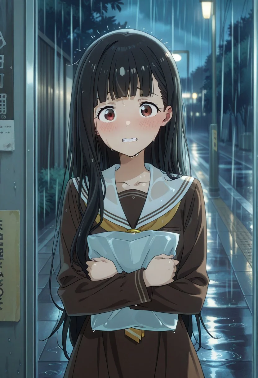 masterpiece, best quality, newest, anime screencap, <lora:nukumizu kaju_makeine_IllustriousXL_epoch-000059:1>, 1girl, kaju-default,nukumizu kaju, brown eyes, perfect eyes, black hair, long hair, blunt bangs,brown dress,dress,long sleeves,white sailor collar, medium breast, shiny skin, wet, wet hair, wet clothes, clenched teeth, scared, blush, embarrassed, looking at viewer, hugging bag, bustop, raining, night, perfect anatomy