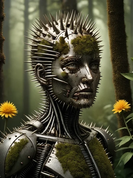 film filter, Hyper-realistic, halfbody shot of a android, lost in forest, scifi , old prosthetics , covered in lush, wild flowers and nature, cracked face, illuminated, rusted old metal, realistic, elegance, sophisticated, moss, (photorealistic:1.5), iron face rust, detailed, realistic, hyper realistic, highly detailed, depth of field, 32k, aura of power, renaissance painting, slice of life, fine art painting, lush, classical realism, poster, Figurative, oil, unilalianism, Historical mystery <lora:ral-spikes-sdxl:1> ral-spikes