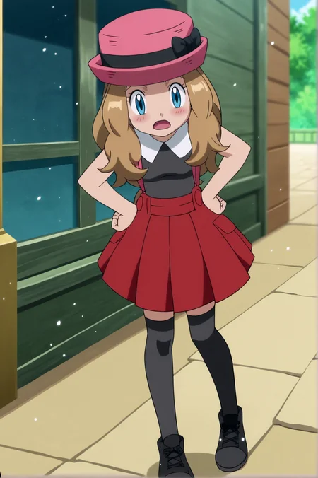 score_9, score_8_up, score_7_up,anime_source, source_anime, best background, detailed background, anime screencap, Serena, Main Outfit, indoors, blush, dynamic angle, dynamic pose, outdoors, soft particles, hands on hips, <lora:JN_Serena:0.8>