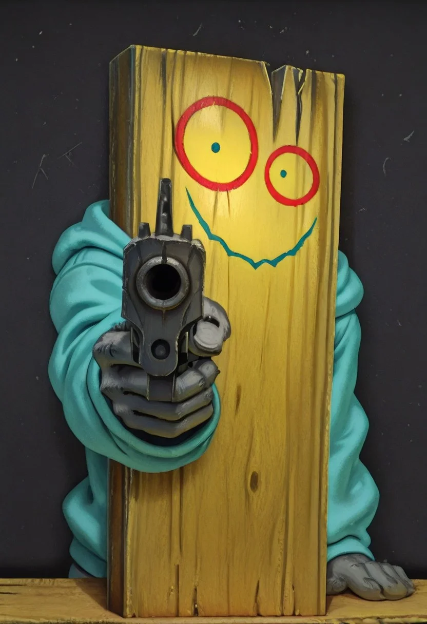 Pl4nk, pl4nk, pokemon (creature), Masterpiece, highest quality, plank, high quality, hands, looking at viewer, wearing hoodie, hoodie on top of plank, holding gun, pointing gun at viewer, (solo:1.2), (no humans:1.4), death star background