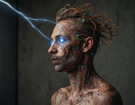 <lora:Oddart:0.6> oddart, A surreal and haunting portrait of a man with a face composed entirely of intricately woven wires, resembling a complex network of copper and steel threads. His skin is a mesh of wires, with visible circuits and microchips embedded beneath the surface, giving his face a mechanical, robotic appearance. The wires are thin and delicate, yet they seem to shift and writhe like living tendrils, as if pulsing with an otherworldly energy. The man's eyes are two glowing blue LEDs, shining brightly amidst the tangle of wires, and his mouth is a small, lipless slit filled with tiny, shimmering diodes. He has a lean, athletic build, with visible wires and circuits tracing beneath his skin, and his hair is a wild tangle of colorful cables that seem to sprout from his scalp like a mad scientist's experiment gone wrong. The background is a dark, muted grey, with faint, flickering neon lights that cast an eerie glow over the scene. The lighting is dim and moody, with deep shadows that accentuate the subject's mechanical features, and the overall atmosphere is one of eerie, technological unease. The portrait is a close-up, with a shallow depth of field that blurs the background and emphasizes the subject's face, and the image features a hyper-detailed, photorealistic rendering style that makes the wires and circuits seem almost tangible. The shot is framed tightly around the subject's face, with a slight Dutch angle that adds to the sense of unease and disorientation, and the overall mood is one of dark, futuristic fascination. The image is rendered in a style that blends the organic and the synthetic, with visible brushstrokes and texture that give the portrait a sense of gritty, industrial realism. The wires seem to vibrate with energy, as if they are alive, and the subject's LED eyes seem to bore into the viewer's soul, creating a sense of discomfort and fascination that is both captivating and unsettling. . 35mm photograph, film, bokeh, professional, 4k, highly detailed