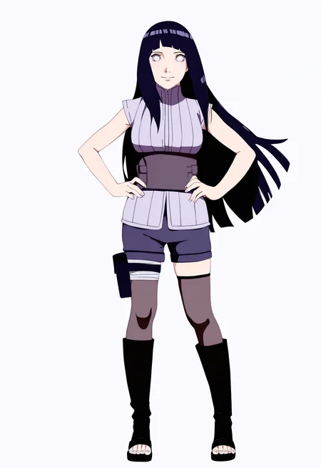 masterpiece, best quality, very aesthetic, absurdres,
1girl, hyuuga hinata, long hair, black hair, white eyes,
thighhighs, obi, shorts, sleeveless, toeless boots,
hands on hips, full body, standing,
smile, solo, looking at viewer, (simple background, white background:1.3),  <lora:HinataTheLastbXL_byKonan:1>