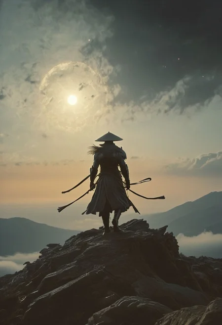 Capture the essence of transcendence and power in the stillness of a cyborg samurai meditating atop the wing of a colossal airborne carrier, piercing through the fluffy dense clouds. dark moonlit sky, Cloaked in sun-bleached linen, adorned with a towering translucente sss sedge hat veiling his face, his metallic intricacies faintly aglow in translucent orange, amidst a world of ethereal heights and serenity. Long Cape in Wind, 
., atmospheric haze, Film grain, cinematic film still, shallow depth of field, highly detailed, high budget, cinemascope, moody, epic, OverallDetail, 2000s vintage RAW photo, photorealistic, candid camera, color graded cinematic, eye catchlights, atmospheric lighting, imperfections, natural, shallow dof