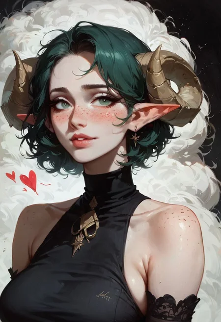 (score_9, score_8_up:1.1), score_7_up, 1girl, solo, expressive, hearts, dynamic, dark green hair, short hair, green eyes, pale skin girl, pale skin, freckles, turtleneck, bare shoulders, blush, elf ear, looking_longingly, sheep horn, circled horn, big boobs, seductive, sexy_woman, black background <lora:sdxl/Expressive_H-000001:0.8> <lora:sdxl/pony_twilight_style:0.8>