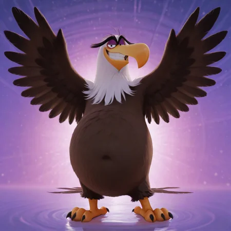 MightyEagle, 2d, 1boy, Male, furry, furry male, brown feathers, white feathers, two tone feathers, eagle, feathered hands, tail feathers, winged arms, white head, feathered head, thick eyebrows, long yellow beak, orange feet, talons, small legs, black toe claws, purple eyelids, black eyes, small pupils, unibrow, fat, bald
BREAK posing, full body, abstract background, grinning, looking at viewer, navel
BREAK best quality, amazing quality, very aesthetic, absurdres, newest, masterpiece, high quality
