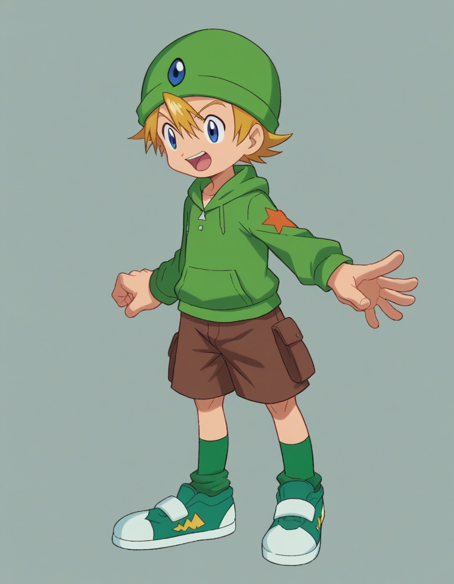 zPDXL, score_9, score_8_up, score_7_up, source_anime,
<lora:Digimon_v2-15:0.8> digimon, open mouth, watson cross, 1boy, solo, takeru, short hair, blue eyes, blonde hair, green hat, green hoodie, brown shorts, green socks, green shoes,