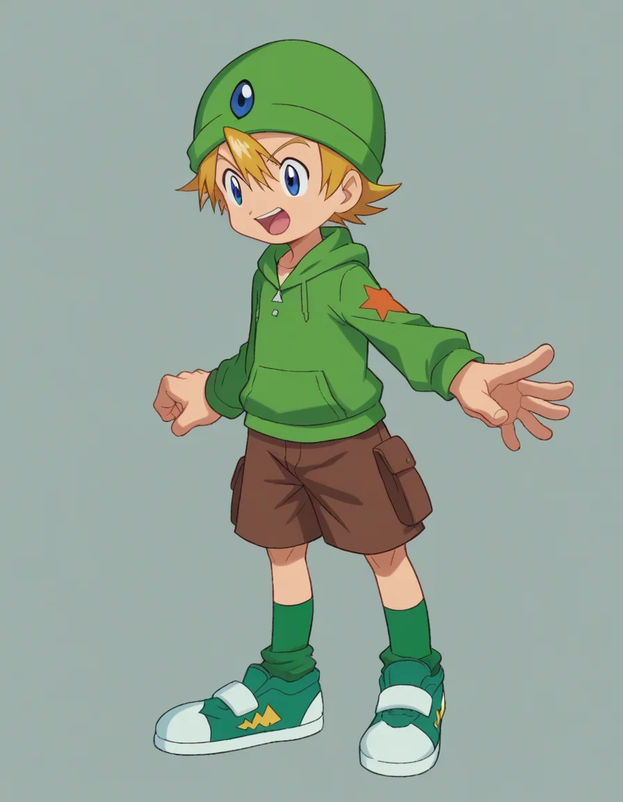 zPDXL, score_9, score_8_up, score_7_up, source_anime,
<lora:Digimon_v2-15:0.8> digimon, open mouth, watson cross, 1boy, solo, takeru, short hair, blue eyes, blonde hair, green hat, green hoodie, brown shorts, green socks, green shoes,