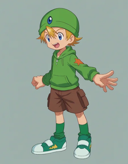 zPDXL, score_9, score_8_up, score_7_up, source_anime,
<lora:Digimon_v2-15:0.8> digimon, open mouth, watson cross, 1boy, solo, takeru, short hair, blue eyes, blonde hair, green hat, green hoodie, brown shorts, green socks, green shoes,