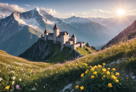 alpine landscape, gloomy old fortress on the slopes of the mountains, flowers and sun, snow-capped mountain peaks in the background, pastoral, detailed drawing, liner, backlight, delicate colors.