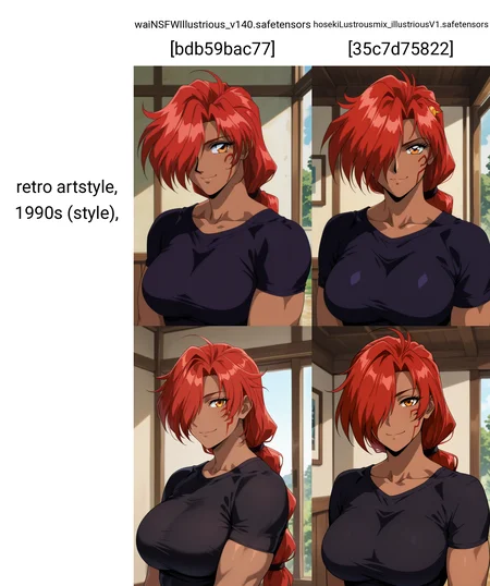 masterpiece, best quality, amazing quality, absurdres, 1girl, solo, (portrait:1.2), retro artstyle, 1990s (style), genieww, mature female, dark skin, dark-skinned female, muscular female, orange eyes, red hair, low-tied long hair, single braid, hair over one eye, facial mark, large breasts,
t-shirt, looking at viewer, smile, indoors, day, skindentation, detailed clothing folds, depth of field, sharp, high contrast, dynamic light <lora:Genie_Mahou_Senshi_Louie_ill_v12:0.9>