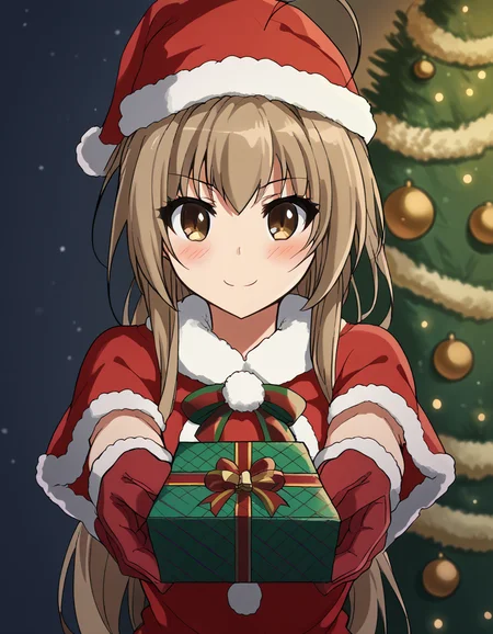 score_9, score_8_up, score_7_up, source_anime, <lora:isuzu-sento-s1-ponyxl-lora-nochekaiser:1>, isuzu sento, long hair, brown hair, bow, brown eyes, ponytail, hair intakes, antenna hair, large breasts, <lora:santa-costume-ponyxl-lora-nochekaiser:1>, santa costume, santa hat, christmas, sack, merry christmas, gift, fur-trimmed headwear, holding sack, santa dress, fur-trimmed dress, christmas tree, christmas tree, fur trim, red capelet, gift box, red gloves, fur-trimmed capelet, santa gloves, red hat, hat,, smile, blush, looking at viewer, <lora:incoming-gift-ponyxl-lora-nochekaiser:1>, incoming gift, outstretched arms, holding, holding gift, gift, gift box,,
