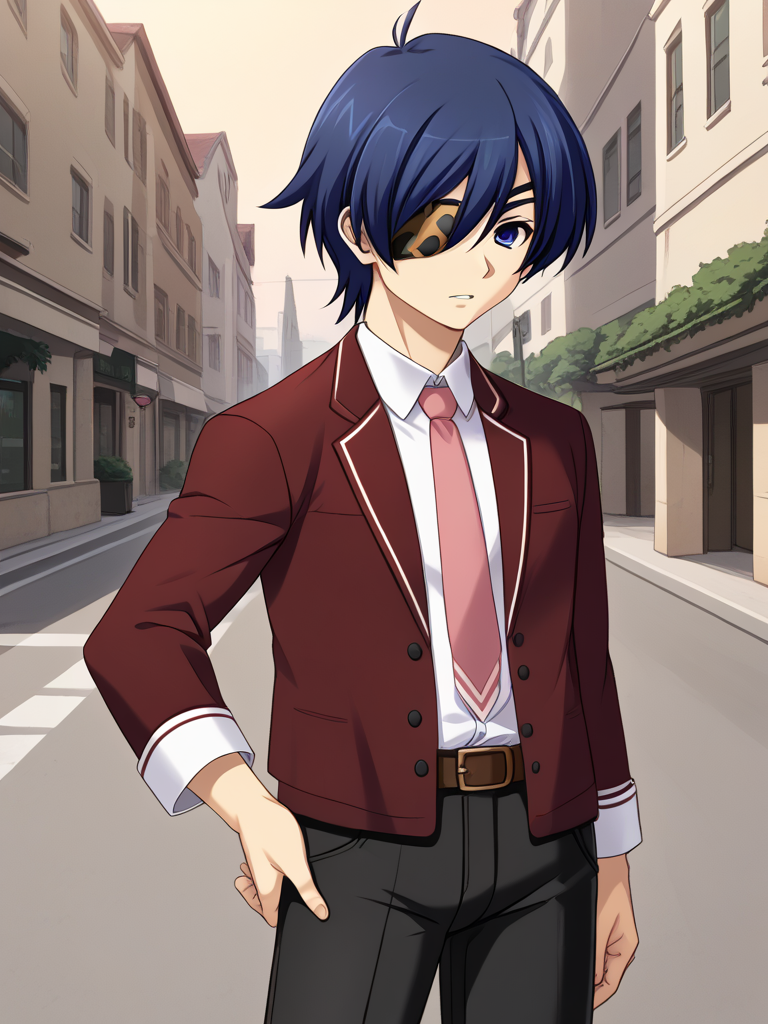 1boy, solo, kakerueleveneyes, blue hair, short hair, ahoge, blue eyes, eyepatch, red blazer, white collared shirt, pink necktie, brown belt, black pants, school uniform, outdoors, street, standing, hand on hip, parted lips, cowboy shot