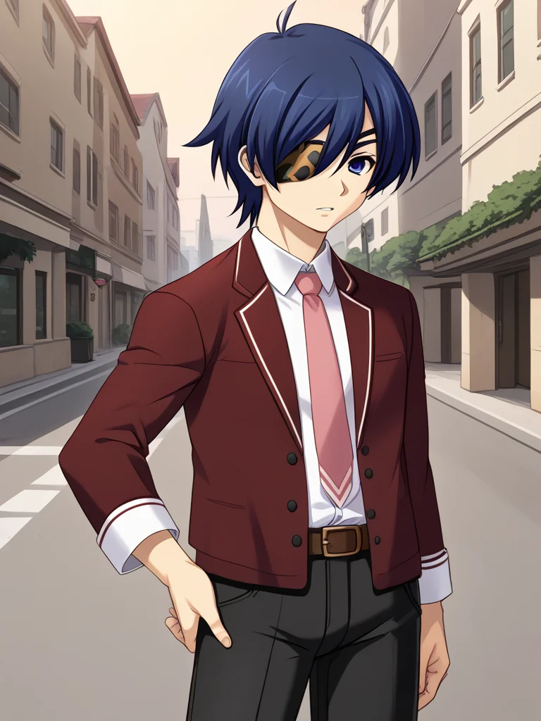 1boy, solo, kakerueleveneyes, blue hair, short hair, ahoge, blue eyes, eyepatch, red blazer, white collared shirt, pink necktie, brown belt, black pants, school uniform, outdoors, street, standing, hand on hip, parted lips, cowboy shot