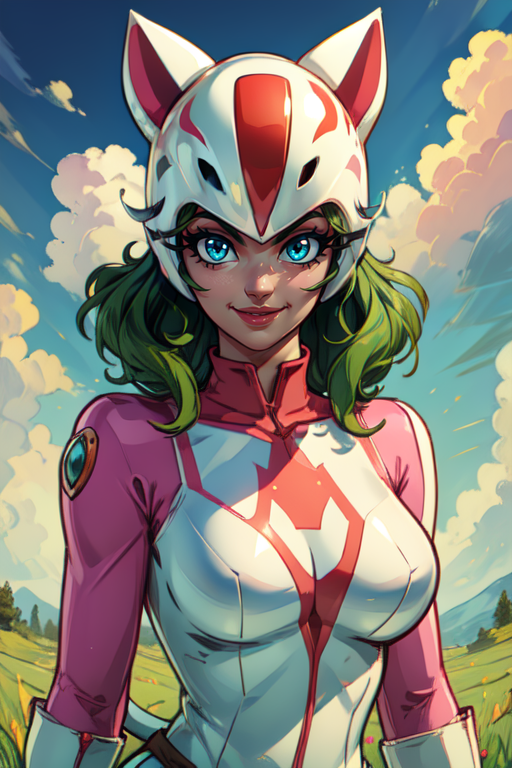 KittyN, blue eyes,   green hair under helmet
white and pink bodysuit, cat tail, white helmet with cat ears, white gloves, 
standing,  solo, upper body,  smiling,
grassland, large red mushrooms, sunny day, clouds,
 (insanely detailed, beautiful detailed face, masterpiece, beautiful detailed eyes, best quality) 
 <lora:KittyN-10v3:0.7>