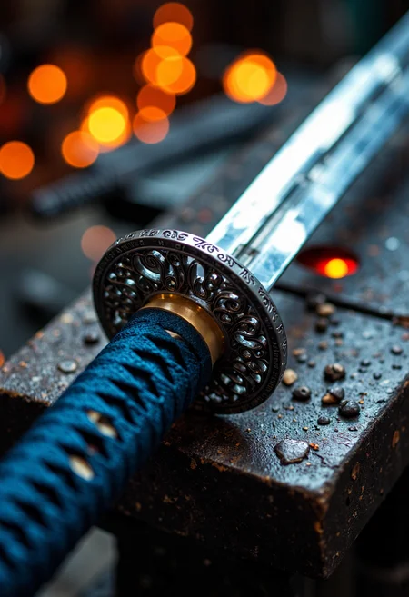 A high-resolution photograph capturing an extreme close-up of a traditional japanese katana sword. The focus is on the ornate handguard, which is circular and intricately designed with silver and azure hues, featuring ocean waves patterns. The blade is partially visible, showcasing a polished, reflective chrome surface with a distinct temper line, running along its edge. The handle is black wrapped in dark blue. The background is blurred, consisting of black metal of an anvil with scattered swordsmith tools, suggesting a just finished product. Small, glowing embers or sparks are artistically scattered throughout the image, adding a dynamic and mystical atmosphere. The overall mood is one of historical significance, with the sword's intricate design and the rustic, weathered texture of the metal and the roughness of the leather, the lighting is dim, with warm, orange and red hues emanating from the flames in the background, enhancing the contrast with the cool, dark tones of the background<lora:Flux/MysticRealism.safetensors:1.0:1.0>