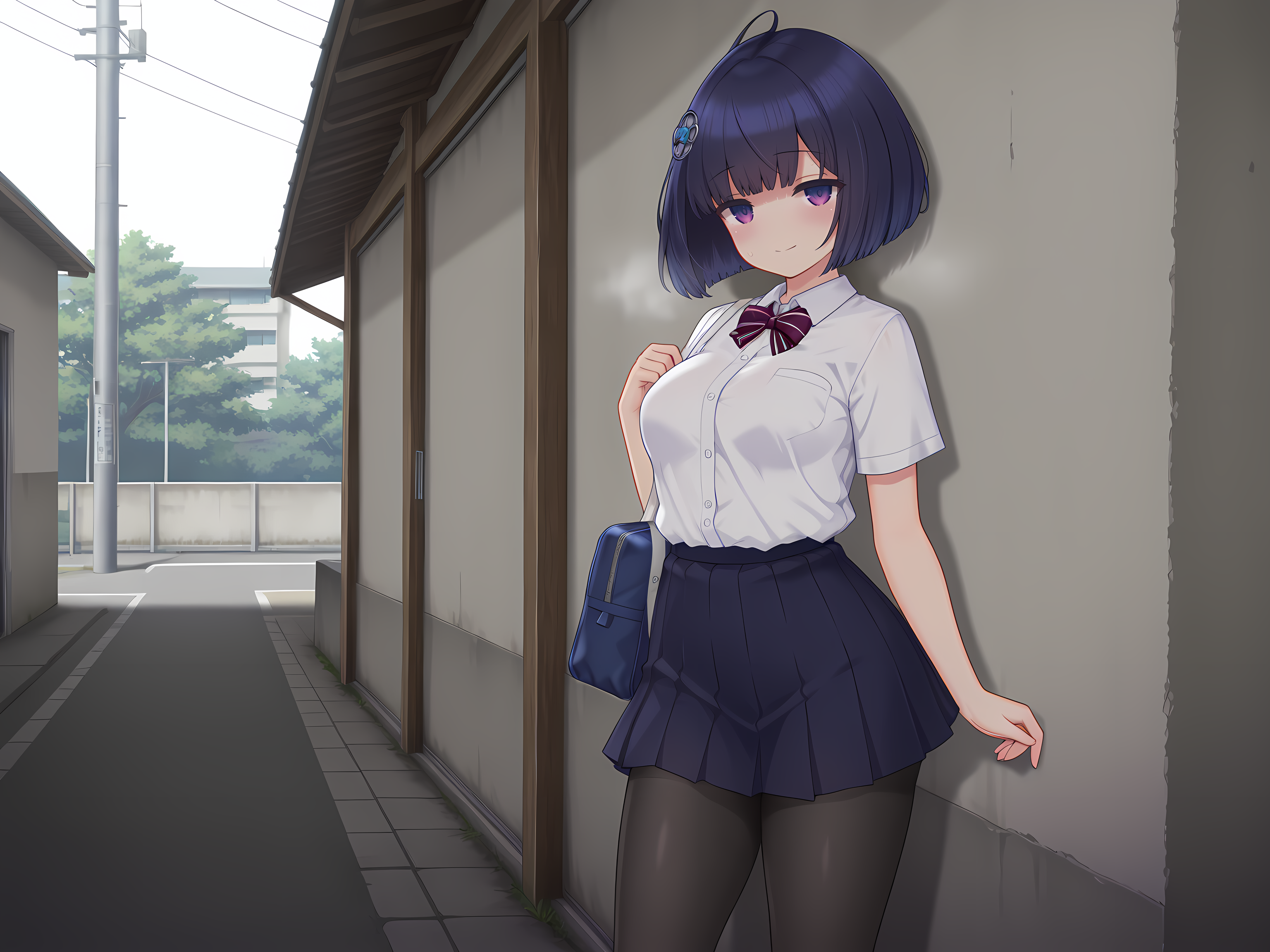 1girl,smile,shizuha,school outfit,short hair,medium breasts,outdoors,<lora:Celesphonia_and_Selenoxia:0.8>,, masterpiece,best quality,amazing quality,