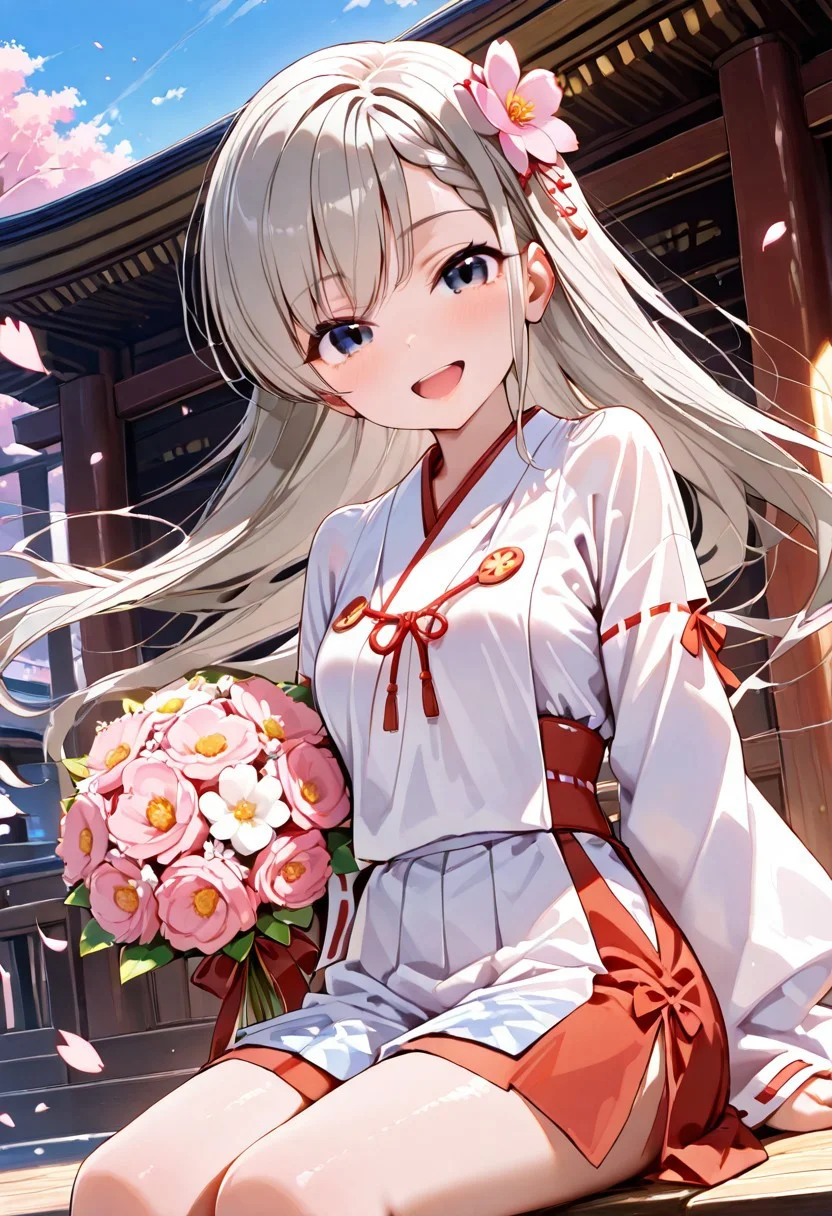 score_9, score_8_up, score_7_up, intricate detail, (masterpiece:1.2), (best quality:1.2), (very aesthetic:1.2), detailed background, ultra detailed, beautiful detailed, best quality, 4K, finely detailed, 
BREAK 
(dynamic angle, seductive pose), sitting, looking up
BREAK
(spring, cherry blossom, sunlight, outside, floating petals on wind, wind, floating hair:1.2, blue sky), park, temple,
BREAK 
((shrine maiden clothes, miko)), (flower hair ornament), (bouquet) 
BREAK 
happy smile, cute smile, seductive smile, naughty face, open mouth
BREAK 
1 girl, (((hisakawa hayate:1.2))), middle breasts, (cute face), (cute girl), ((pretty girl)), Perfect Face, (round face), ((good figure)), ((petite:1.4)), ((young:1.2)). (realistic skin), (highly detailed skin), white skin, 
BREAK 
((slit pupils)), (catchlight eyes), ringed eyes, big eyes, cool eyes, intricate details, ultra-detailed face, detailed eyes, [pastel color inner hair], 
BREAK 
Expressive eyes, (gradient eyes), 
BREAK 
looking at viewer, shiny skin,