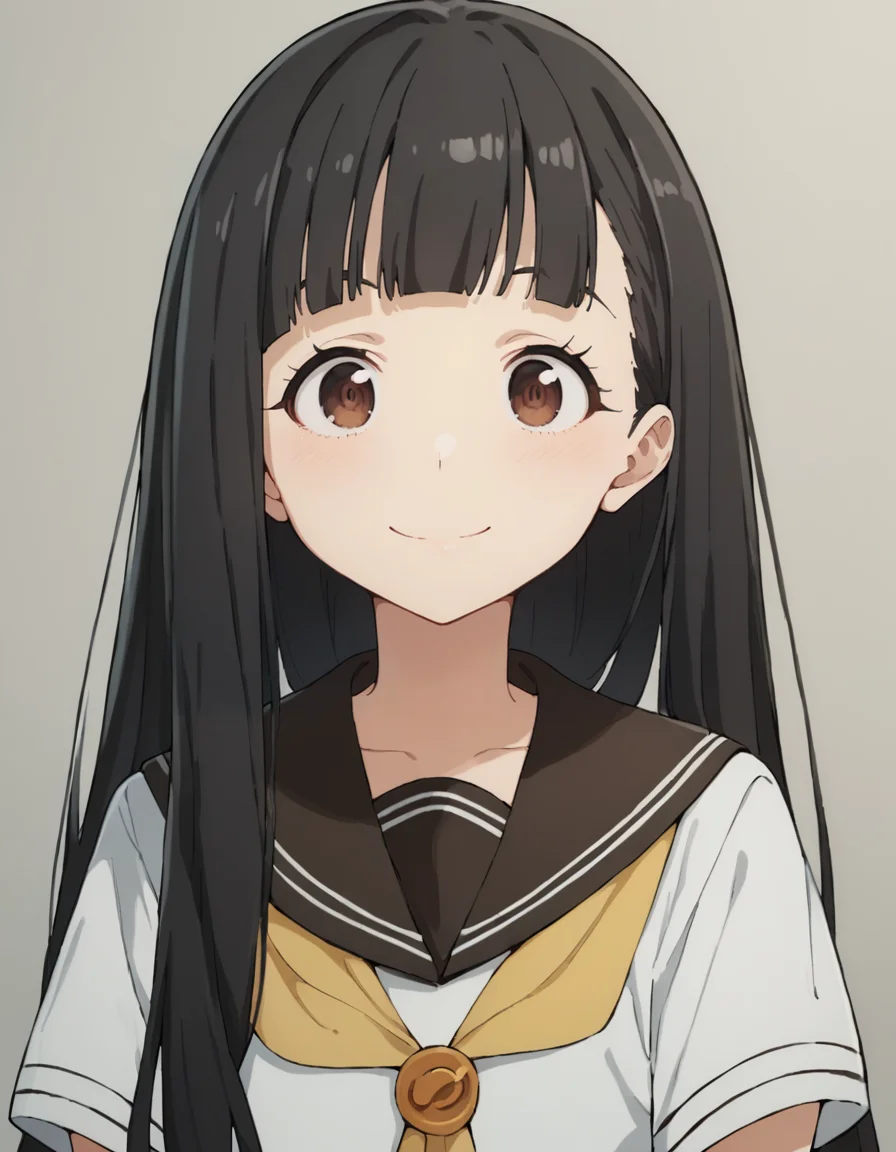 score_9, score_8_up, score_7_up, source_anime, BREAK
1girl, solo, looking at viewer, simple background, upper body, front view,
kaju nukumizu, long hair, black hair, blunt bangs, brown eyes, :0, curious, smile,
school uniform, serafuku, short sleeves, white shirt, yellow neckerchief,
<lora:kaju_nukumizu_anime_v2-soralz:0.9>