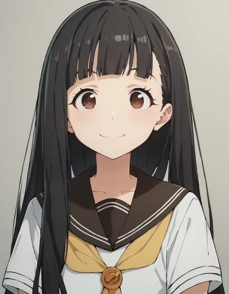 score_9, score_8_up, score_7_up, source_anime, BREAK
1girl, solo, looking at viewer, simple background, upper body, front view,
kaju nukumizu, long hair, black hair, blunt bangs, brown eyes, :0, curious, smile,
school uniform, serafuku, short sleeves, white shirt, yellow neckerchief,
<lora:kaju_nukumizu_anime_v2-soralz:0.9>