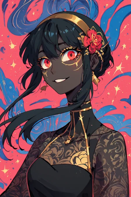 score_9, score_8_up, score_8, medium breasts, (curvy), cute, eyelashes, BREAK, , BREAK, YorForger, 1girl, black hair, red eyes, short hair with long locks, gold hairband, hair flower, black choker, black dress, sleeveless, off shoulder, floral print, fingerless gloves, <lora:YorForgerXLpony004:0.8>,, <lora:NebulaNoir:0.8>, multicolored, glowing, upper body, , BREAK, smile, looking at viewer, cowboy shot, embedding:zPDXL, Expressiveh, <lora:SDXLFaeTastic2400:0.5>, <lora:Expressive_H-000001:0.4>,