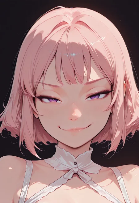 HDR, 8K, high contrast, masterpiece, best quality, amazing quality, very aesthetic, realistic, newest, volumetric lighting,
(artist:incase:0.5), (artist:tsuaii:0.5), (flat colors:2), haiz_ai, no lineart, no outline,
1girl, solo,close up portrait, looking at viewer,, cut3c0m1c, light, shadow,
CivChan, purple eyes, pink hair, white lingerie,
gentle smirk, submissive