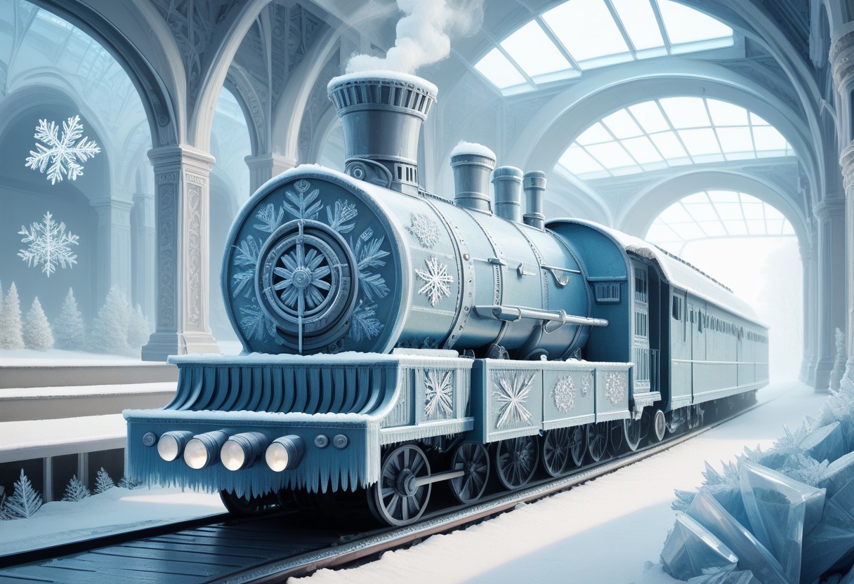 score_9, score_8, score_7, 1ce, ice, train, steam locomotive, smoke, steam, snowflakes