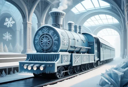 score_9, score_8, score_7, 1ce, ice, train, steam locomotive, smoke, steam, snowflakes