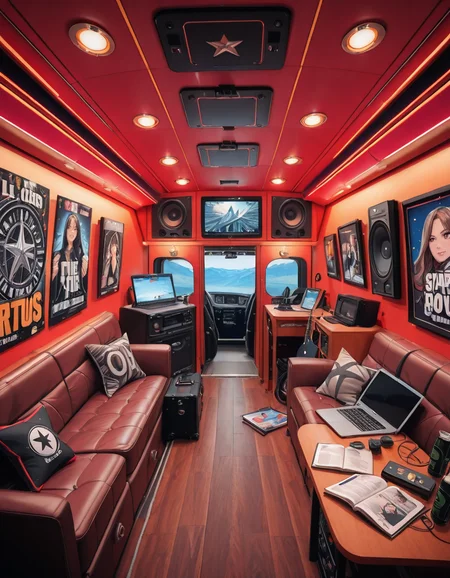 The interior of a modern RV customized for a rock band on tour. The space is stylish and lived-in, filled with musical gear like guitar cases, amps, and a drum pad. There are leather couches, a small kitchenette with snacks and energy drinks, and a cluttered table with laptops, cables, and setlists. A narrow hallway leads to sleeping bunks with personal items like headphones, books, and clothes tossed around. The lighting is warm with LED strips in red and purple tones, giving it a cozy but edgy atmosphere. A small TV displays concert footage, and speakers are mounted on the ceiling. The whole scene feels energetic, artistic, and chaotic in a creative way. Realistic style, rich colors, and highly detailed environment.
<lora:SDXLFaeTastic2400:0.4> <lora:extremely_detailed:0.4> extremely detailed ,r0ck b4nd rv <lora:r0ck_b4nd_rv-i:1>, Masterpiece,best quality,hi res,8k,hi res,8k,award winning,(sharp focus, intricate, highly detailed),