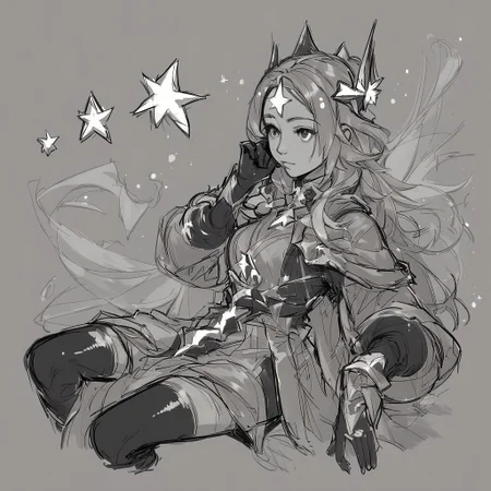score_9, score_8_up, score_7_up, score_6_up, score_5_up, score_4_up, 1girl , star (symbol), shiny, glowing, solo, black thighhighs, black gloves, star hair ornament, sitting, upper body, sketch,