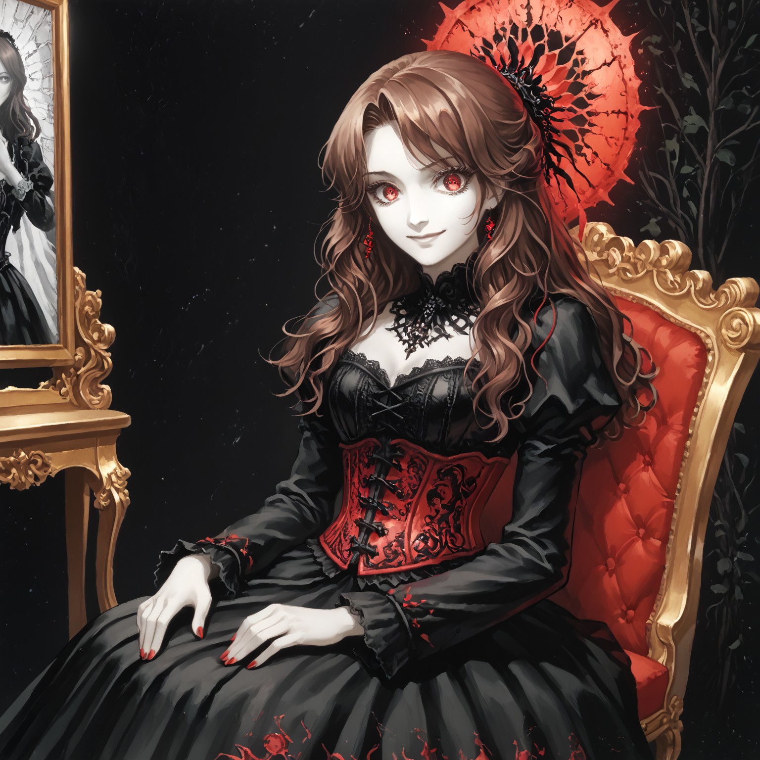 painting,AH_FLeighton,AH_FLeighton Leighton,amanoayami,1girl,anime girl,solo,red eyes,long brown hair,red tips,monochrome, glow, neon,red streaks,corset,gothic,seated,seaten,regal,inner palace,masterpiece,seated,fancy chair,hand on lap,very aesthetic,very awe,light ray,looking at viewer,perfect eyes,faint smile