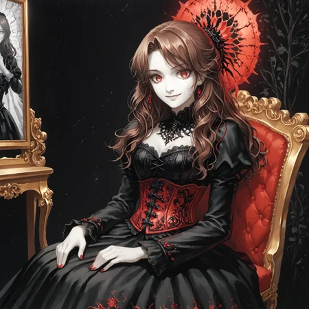 painting,AH_FLeighton,AH_FLeighton Leighton,amanoayami,1girl,anime girl,solo,red eyes,long brown hair,red tips,monochrome, glow, neon,red streaks,corset,gothic,seated,seaten,regal,inner palace,masterpiece,seated,fancy chair,hand on lap,very aesthetic,very awe,light ray,looking at viewer,perfect eyes,faint smile