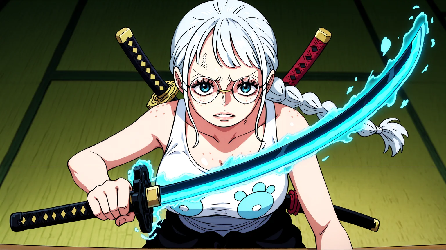 masterpiece \(quality\), year2024, year2023,
best quality, amazing quality, absurd res, best resolution, very aesthetic, 4k, latest, (Detailed face: 1.8), (detailed background:1.1) ,
<lora:one_piece_wano_style_ilxl:0.8> one_piece_wano_style
1girl, tank top,single braid, round eyewear, freckles, grey hair,
<lora:Armament_Haki_One_Piece_for_Illustrious:0.5> busĂ…ÂŤshoku, busĂ…ÂŤshoku_katana, black katana, ryuo on sword, ( light blue ryou aura), holding katana, aura on sword, blue energy,