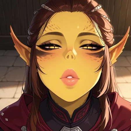 pov, incoming kiss, looking at viewer, puckered lips, thick lips, parted lips, half-closed eyes
masterpiece, best quality, absurdres, highres,
<lora:ILBGLaezel:1.0>
BGLaezel, 1girl, brown hair, long hair, yellow green skin, yellow eyes, pointy ears, detil lips, glossy lips,, looking at viewer, portrait