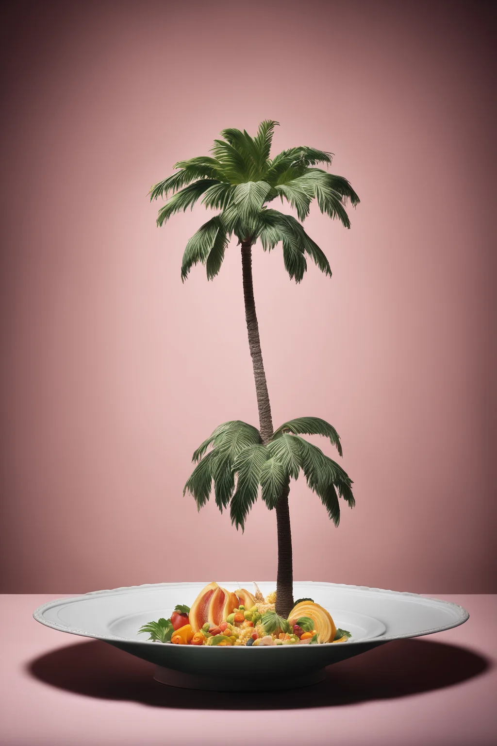 <lora:Surreal Plate:1>Surreal Plate - a plate with a palm tree on top of it