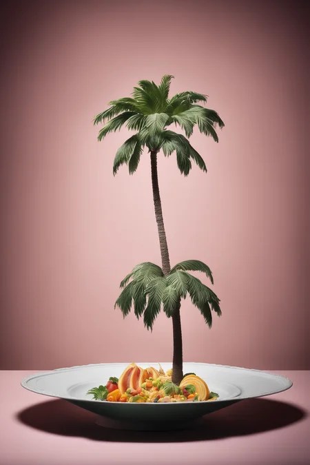 <lora:Surreal Plate:1>Surreal Plate - a plate with a palm tree on top of it