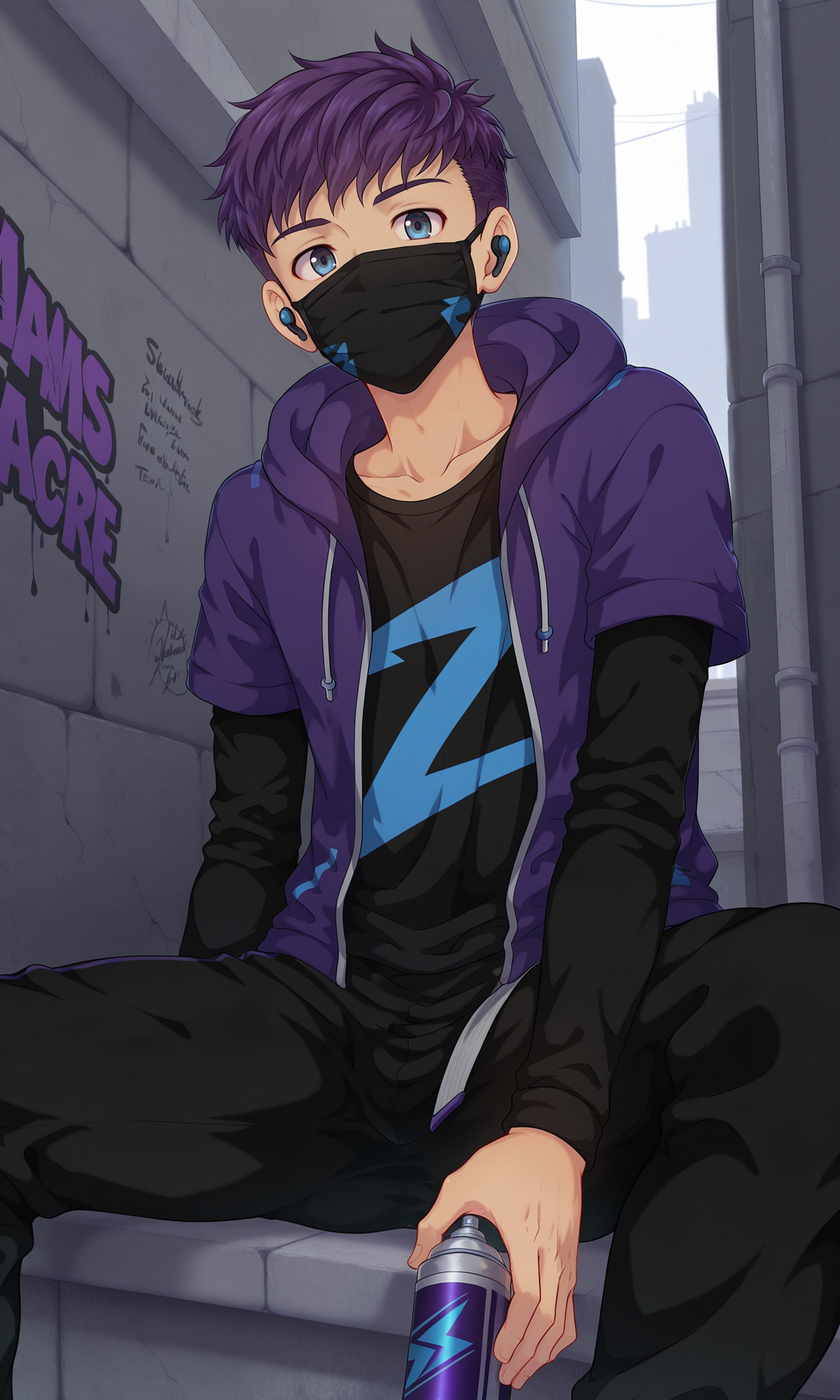 1boy, male focus, slim, NoahR, solo, dynamic pose, looking at viewer, purple hair, blue purple eyes, covered mouth, purple hooded jacket, hood down, black t-shirt, blue print, wireless in-ear earphones, black pants, mask, mouth_mask, shaded, short over long sleeves, street, lane, graffiti, spray paint, sitting, concrete wall, outdoors, (masterpiece:1.35), (very aesthetic, best quality:1.3), detailed shading, detailed skin, realistic shading, highly detailed, masterful composition, cinematic lighting, close-up, <lora:NoahR_XL_V10_ILL:1>