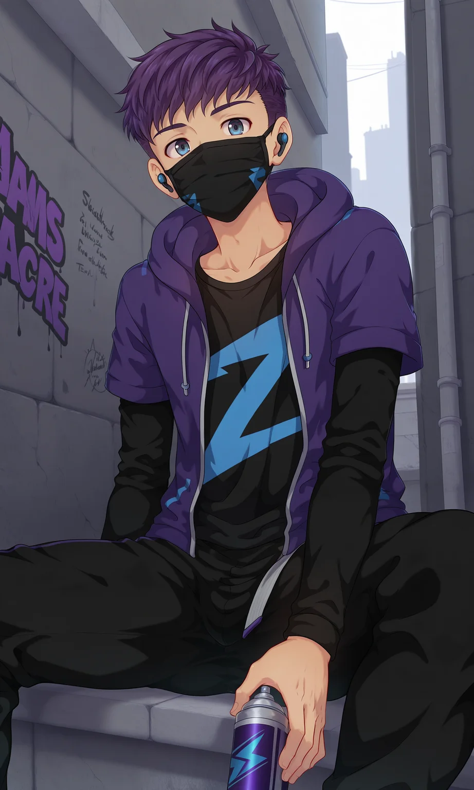 1boy, male focus, slim, NoahR, solo, dynamic pose, looking at viewer, purple hair, blue purple eyes, covered mouth, purple hooded jacket, hood down, black t-shirt, blue print, wireless in-ear earphones, black pants, mask, mouth_mask, shaded, short over long sleeves, street, lane, graffiti, spray paint, sitting, concrete wall, outdoors, (masterpiece:1.35), (very aesthetic, best quality:1.3), detailed shading, detailed skin, realistic shading, highly detailed, masterful composition, cinematic lighting, close-up, <lora:NoahR_XL_V10_ILL:1>