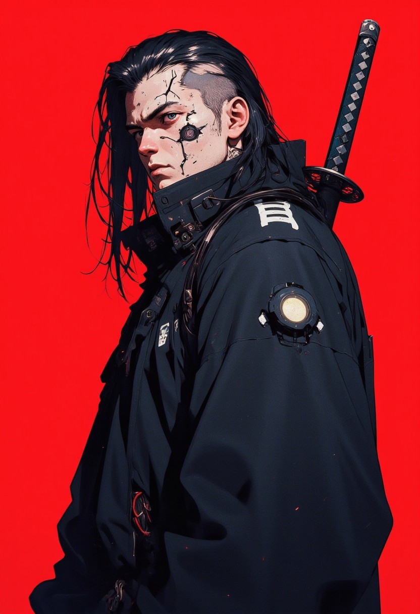 The image shows a futuristic, cyberpunk-style character with pale skin and dark, wet-looking long hair partially shaved on one side, revealing a geometric design. The character's expression is calm yet intense, with sharp, angular facial features. He wears a dark, oversized jacket that adds to his mysterious appearance. A katana is strapped to his back, suggesting a warrior or samurai-inspired persona. The background is a bold, solid red, enhancing the dramatic and striking contrast of the character’s dark
