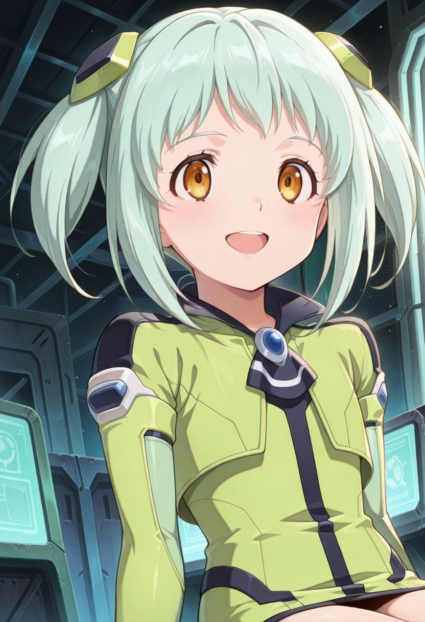 detailed eyes, beautiful, detailed background, perfect eyes,
source_anime, very aesthetic, anime coloring, masterpiece, official art,
<lora:HandFineTuning_XL:1>
BREAK,
sci-fi, hangar, workspace, holograms,
cowboy shot, flat chest, blush,
{from side|from behind|from front), 
dynamic angle, sitting, open smile, 
BREAK,
<lora:momo100Series_illustriousXL_v02:1>
x1hs, android, green hair, bangs, green eyes, short hair, twintails, green dress, short dress, green boots, green long sleeves, elbow gloves, hair ornament, sidelocks