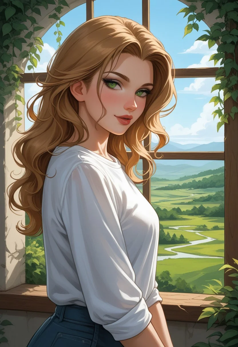 High resolution hyper-realistic oil painting with a harmonious composition based on the rule of thirds. Optimal white balance and a contrast of lights and shadows that accentuates the nostalgic atmosphere. The protagonist is an adult sensual and sexy lady with silky brown hair and intense green eyes, with a voluptuous yet elegantly defined body. He wears an old shirt, barely held on his shoulders, impregnated with the aroma of past memories and emotions, evoking the verse: "Old shirt, aromas of essence lovers, shadows of embrace." Her gaze reflects a deep melancholy, while the natural light highlights the softness of her skin. He finds himself in a serene room, with a panoramic window that opens onto a landscape full of greenery, where the breeze plays with the leaves and slightly rustles the curtains. The painterly details emphasize the texture of the oil painting, from the fine brushstrokes in her hair to the delicate transparency of the canvas. The lighting casts subtle shadows that envelop the scene in a dreamlike air, capturing a moment of deep intimacy and ethereal beauty. Jedvvd style.
