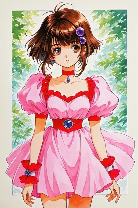 Reala(Tales of Destiny 2),1girl,solo,brown hair,short hair,brown eyes,very short hair,dress,choker,red choker,hair ornament,wrist cuffs,traditional media,pink dress,retro artstyle,watercolor (medium),
<lora:Inomata Mutsumi_illustriousXL:0.4>,
<lora:hrn_yc_illustriousXL:1>,