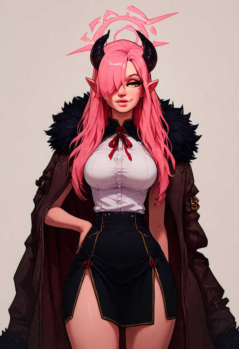 masterpiece, best quality, medium breasts, (curvy),   zzAru, yellow eyes, pink hair, long hair, demon horns, halo,   brown coat, white shirt, black skirt, red ribbon, fur-trimmed coat,  , <lora:AruBlueArchive_NAI:1.0>,, smile, looking at viewer, cowboy shot, side view, wide hips,  ,skindentation ,<lora:ElfFio_NAI_v2:1.0>,