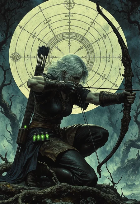 A fierce and agile archer crouches low in a dynamic, battle-ready pose on a desolate, swamp-like terrain. The character’s body leans forward, one knee bent deeply while the other leg stabilizes her stance. She pulls back her bowstring with intense focus, aiming directly at her target, as her short, platinum-blonde hair frames her sharp, determined expression. Her muscular arms and leather armor emphasize a seasoned warrior, with dark, practical clothing adorned by small green vials glowing faintly at her waist.
She carries a quiver full of arrows slung across her back, and her outfit is marked by straps, reinforced pads, and utility pouches, suited for survival in harsh environments. The background features twisted, barren trees and a murky, foggy landscape under a twilight sky. Overlaid on the scene is an intricate circular diagram with branching lines and symbols, adding a mystical, strategic element to the setting. The atmosphere is one of stealth, precision, and survival amidst eerie surroundings.