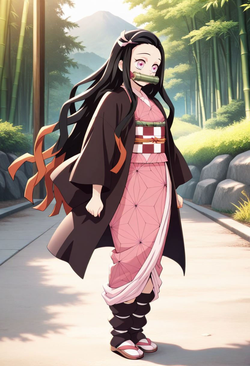 newest, masterpiece, best quality, 4k,
outdoors, very aesthetic, detailed background, full body,
1girls, solo,   <lora:Nezuko Kamado - Demon Slayer:1> nezuk0, kamado nezuko, black hair, multicolored hair, long hair, pink eyes, pink ribbon, japanese clothes, pink kimono, checkered sash, obi, haori, gagged, bamboo bit gag