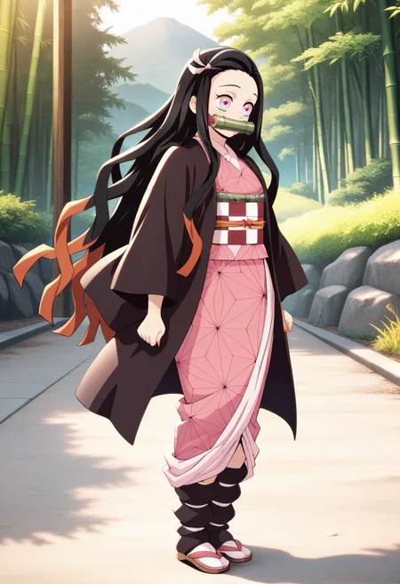newest, masterpiece, best quality, 4k,
outdoors, very aesthetic, detailed background, full body,
1girls, solo, <lora:Nezuko Kamado - Demon Slayer:1> nezuk0, kamado nezuko, black hair, multicolored hair, long hair, pink eyes, pink ribbon, japanese clothes, pink kimono, checkered sash, obi, haori, gagged, bamboo bit gag