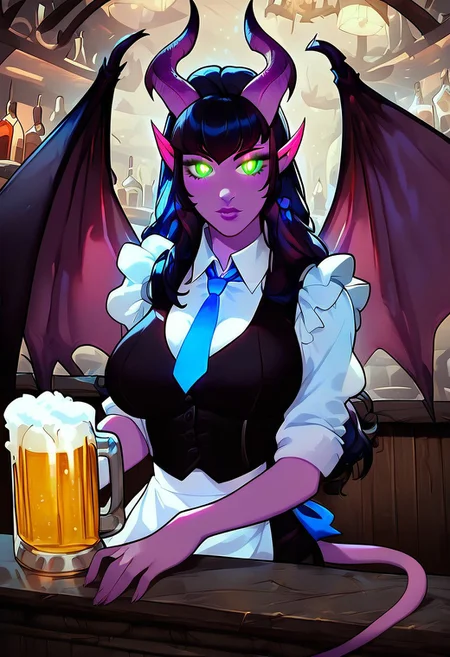 score_9, score_8_up, score_7_up, smooth style, 1girl, beautiful, purple tiefling, large breasts, large demon wings, perfect face, perfect eyes, sexy, beautiful eyes, perfect cute face, cute nose, Nose bridge, masterpiece, best quality, godrays, green pupils, glowing, glowing eyes, extra detailed, high res, apron, bartender, black vest, blue necktie, blue ribbon, collared shirt, sitting at the bar, beer,